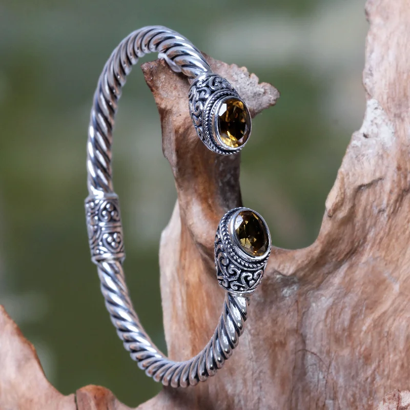 Classic gold chain link bracelets-Bali Splendor Sterling Silver Hinged Cuff Bracelet with Citrines