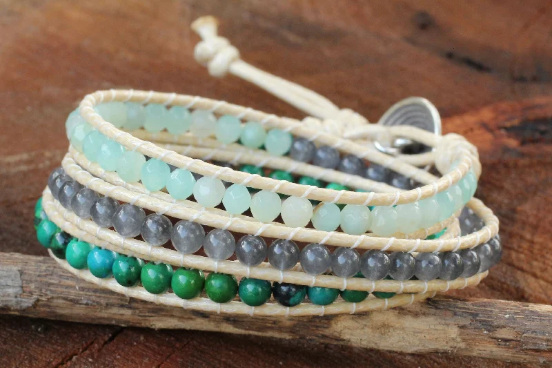 Elegant silver cuff bracelets with charms-Beautiful Day Thai Hand Knotted Amazonite and Quartz Wrap Bracelet