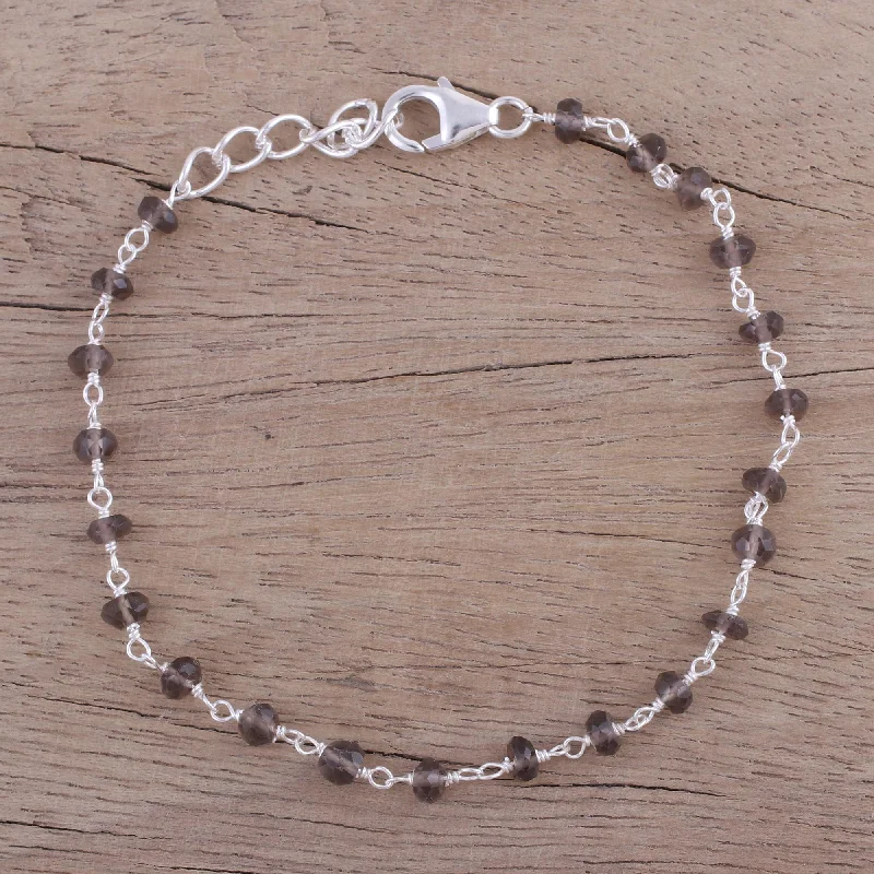 Artistic handmade silver bracelets-Beautiful Saga Handmade Adjustable Smoky Quartz Link Bracelet from India