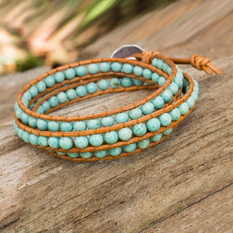 Simple silver bangles with stones-Blue Caramel Serpentine and Leather Wrap Bracelet from Thailand