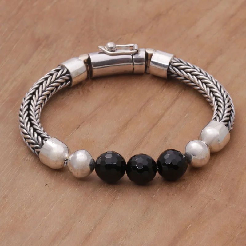 Luxury diamond bracelets for women-Bold Elegance Onyx and Sterling Silver Beaded Chain Bracelet from Bali