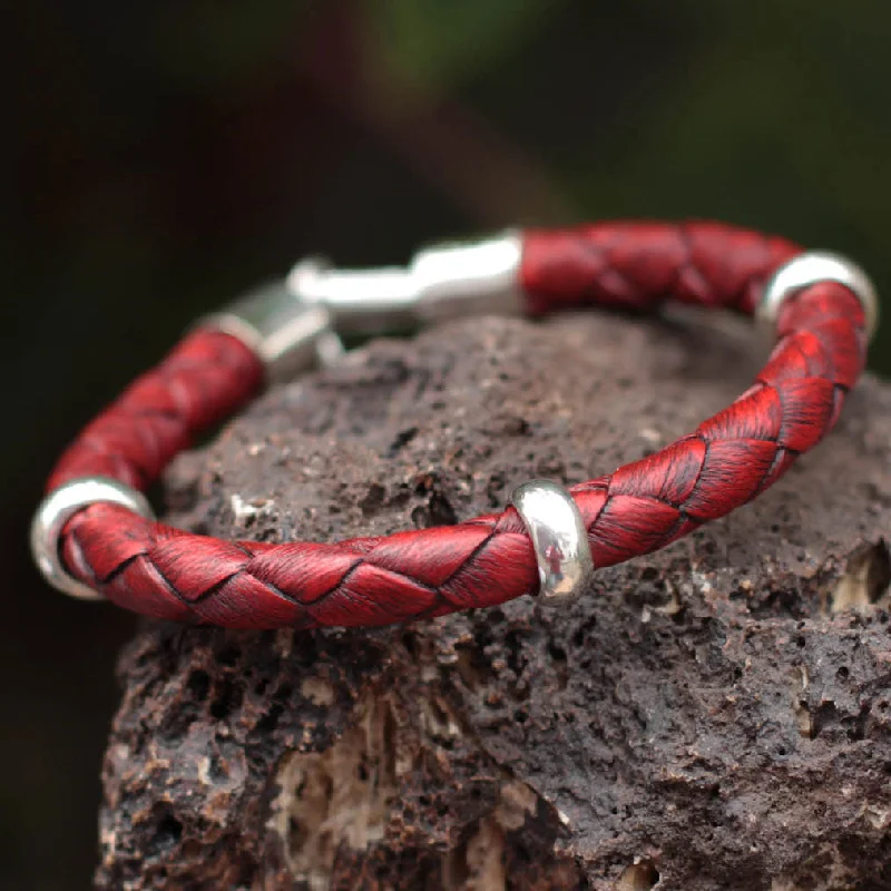 Custom gemstone bangles for special events-Bold Red Handmade Men's Leather Braided Bracelet with Sterling Silver