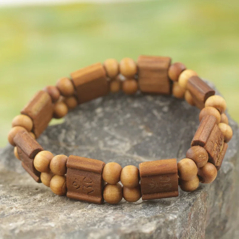 Adjustable leather cord bracelets for men-Brown Radiance Artisan Crafted Sese Wood Stretch Bracelet from Ghana