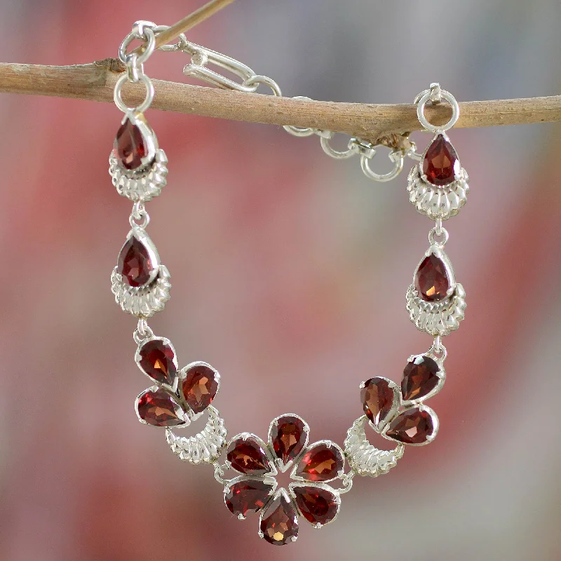 Healing crystal beaded bracelets for wellness-Cherry Blossom Floral Sterling Silver and Garnet Bracelet