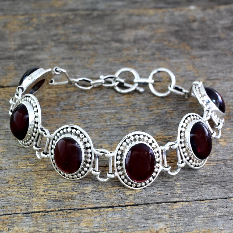 Elegant pearl bracelet designs for women-Crimson Garland Garnet Bracelet Artisan Crafted Silver Jewelry from India