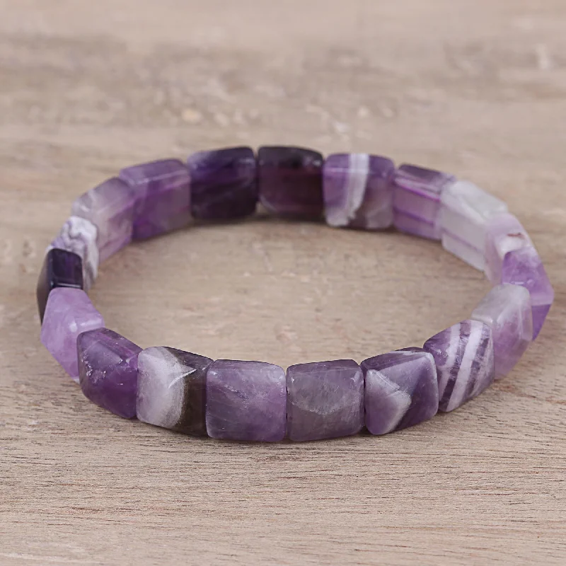 Simple silver chain bracelets for men-Divine Purple Handmade Purple and White Agate Beaded Stretch Bracelet