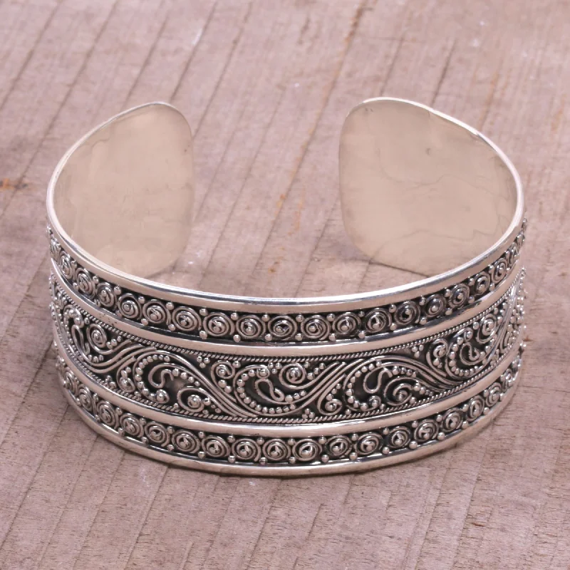 Personalized wire-wrapped bangle bracelets-Dotted Temple Dot Motif Sterling Silver Cuff Bracelet from Bali