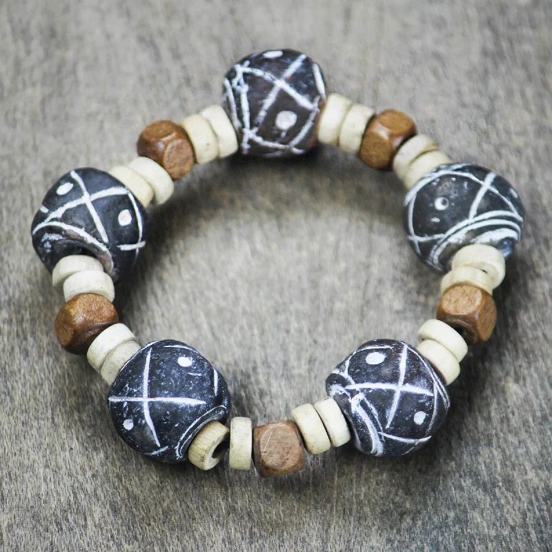 Handmade gold-plated bracelets for women-Dreams at Dusk Terracotta and Sese Wood Beaded Stretch Bracelet from Ghana