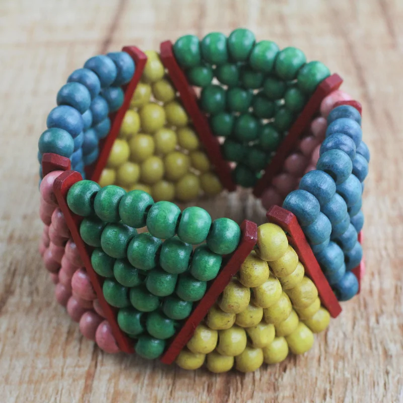 Simple braided leather bracelets for men-Dynamic Color Colorful Wood Bead Stretch Bracelet Hand Made West Africa