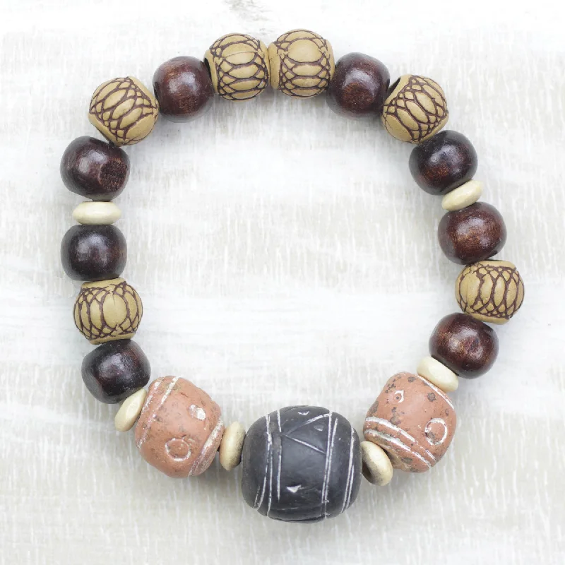 Handmade gemstone bracelets for women-Eco-Friendly Fashion Ceramic Wood and Recycled Plastic Beaded Stretch Bracelet