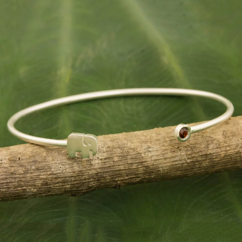 Dainty gold bangles for women-Elephant Smile Artisan Crafted Garnet and Sterling Silver Cuff Bracelet