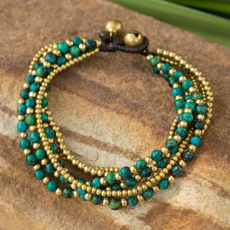 Boho chic braided leather bangles-Evergreen Joy Brass and Serpentine Beaded Bracelet