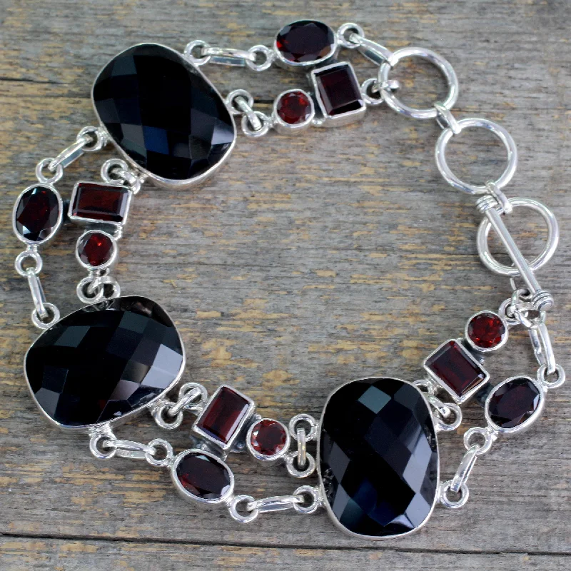 Personalized sterling silver bracelets-Exotic Drama Onyx Link Bracelet with Garnet and Sterling Silver