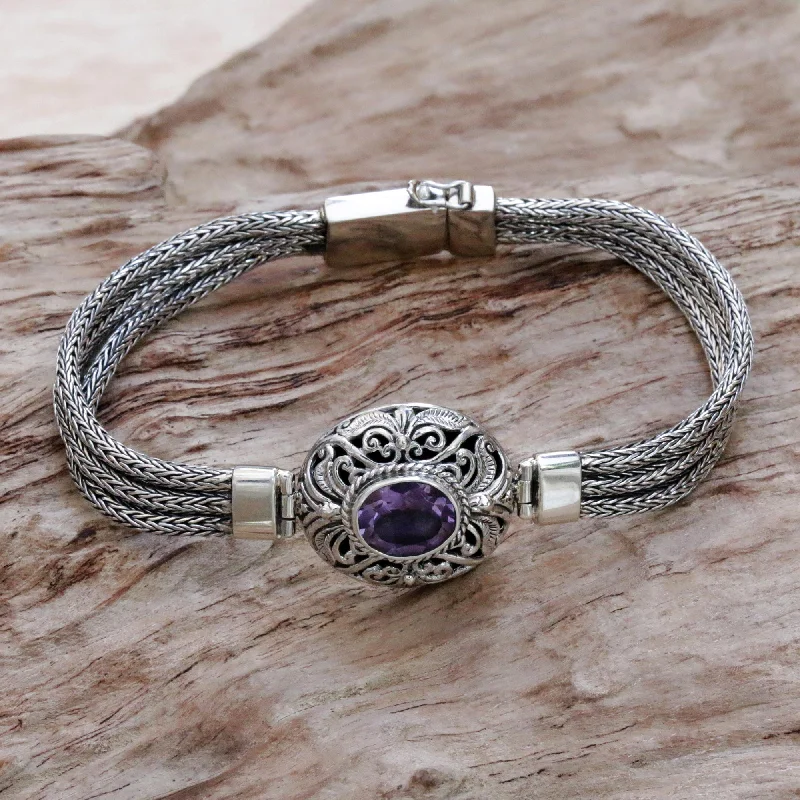 Personalized cuff bracelets for men-Faith Protector Sterling Silver and Amethyst Pendant Bracelet from Indonesia