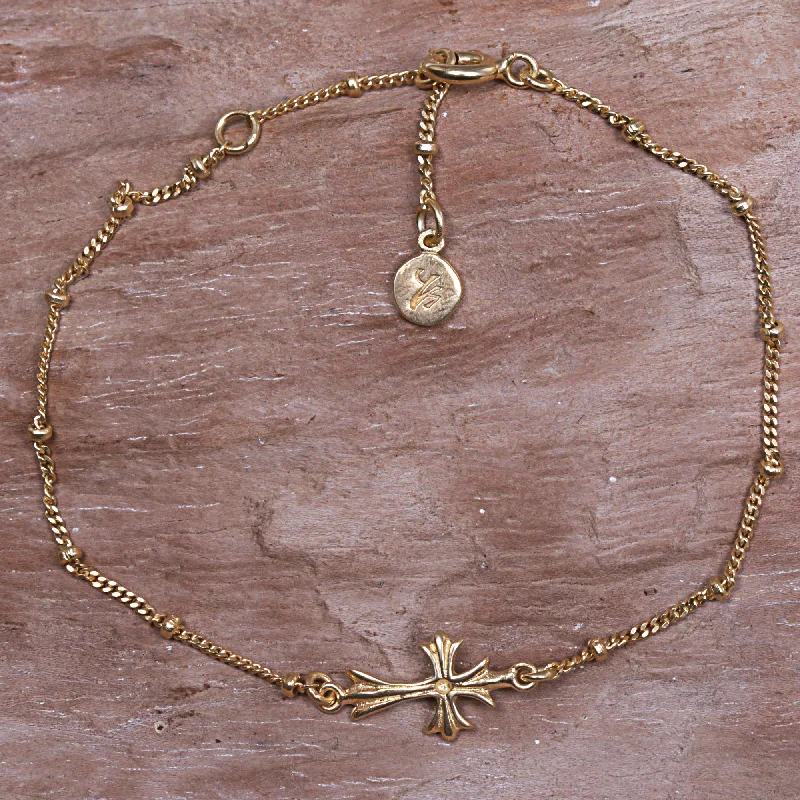 Handcrafted gemstone bangle bracelets-Gold Cross Hancrafted 14k Gold Vermeil Balinese Cross Them Bracelet