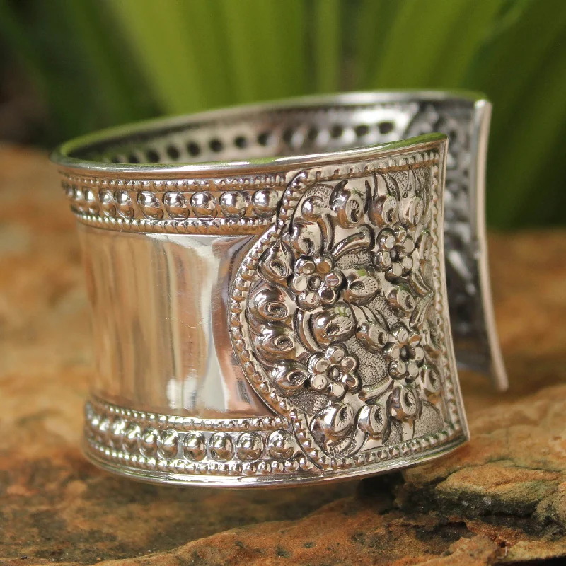 Bohemian style beaded bracelets-Jasmine Lake Unique Floral Sterling Silver Cuff Bracelet