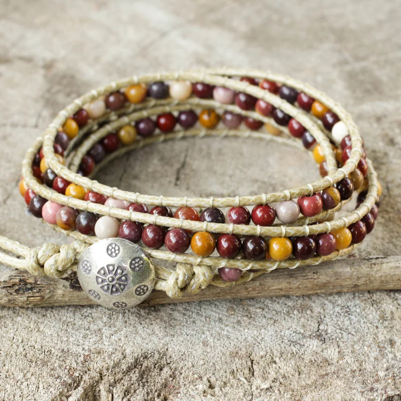 Fashionable leather bracelets for daily wear-Lotus Feast Hand Made Leather and Jasper Wrap Bracelet