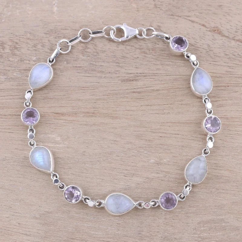 Custom photo bracelets for gifts-Misty Lilac Handmade Amethyst Rainbow Moonstone Link Bracelet from India