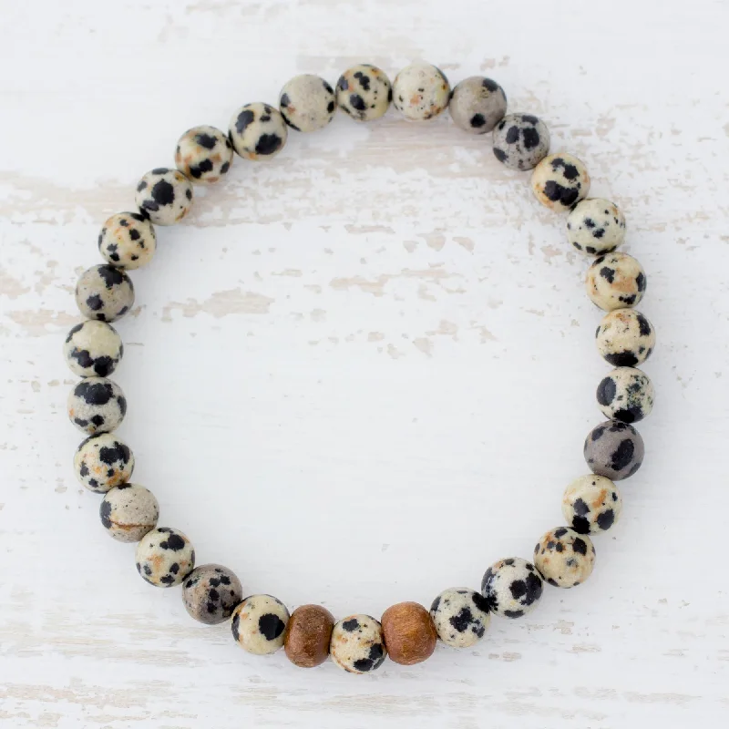 Stylish beaded bangles for women-Natural Polka Dots Dalmatian Jasper Beaded Stretch Bracelet from Guatemala