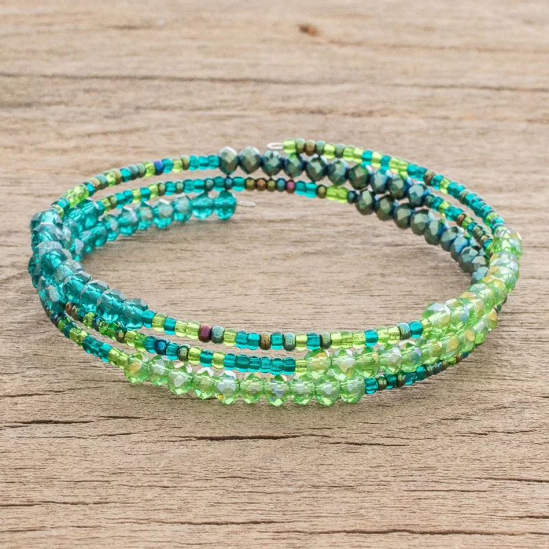 Dainty gold bangles for women-Ocean Siren Glass and Crystal Beaded Wrap Bracelet in Green