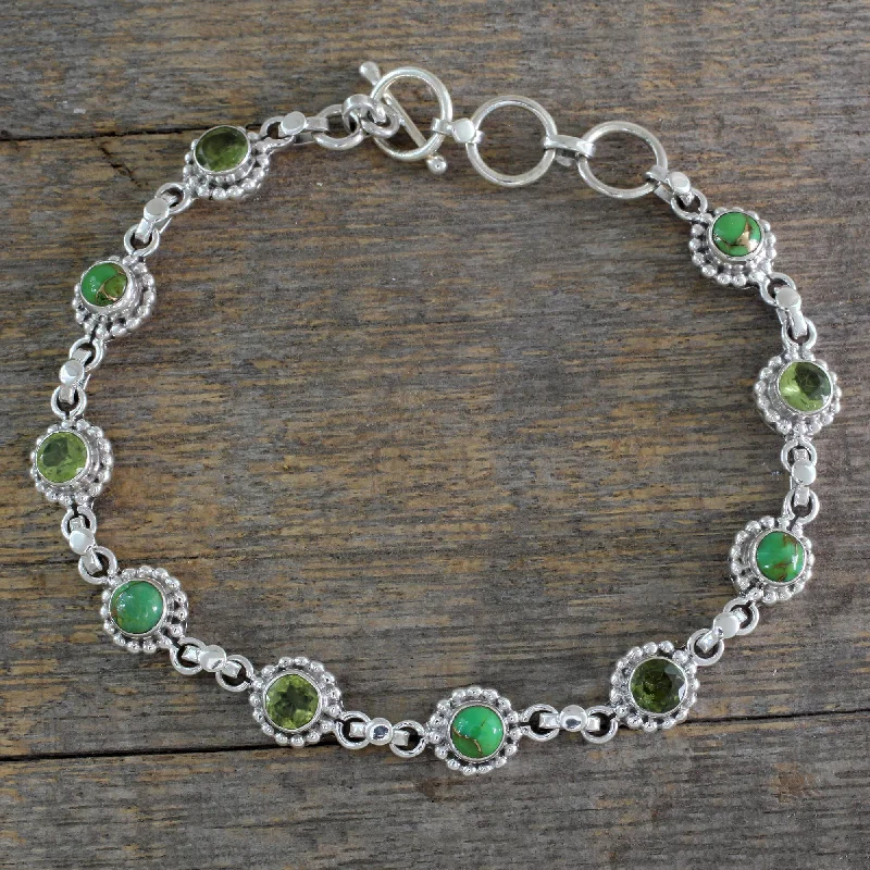 Healing crystal bangle bracelets-Petite Flowers Sterling Silver Peridot and Composite Turquoise Bracelet