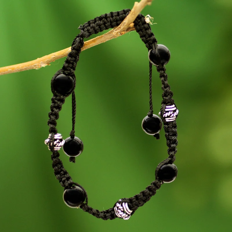 Adjustable woven leather bracelets for women-Prayer for Peace Handcrafted Onyx Shambhala-style Bracelet