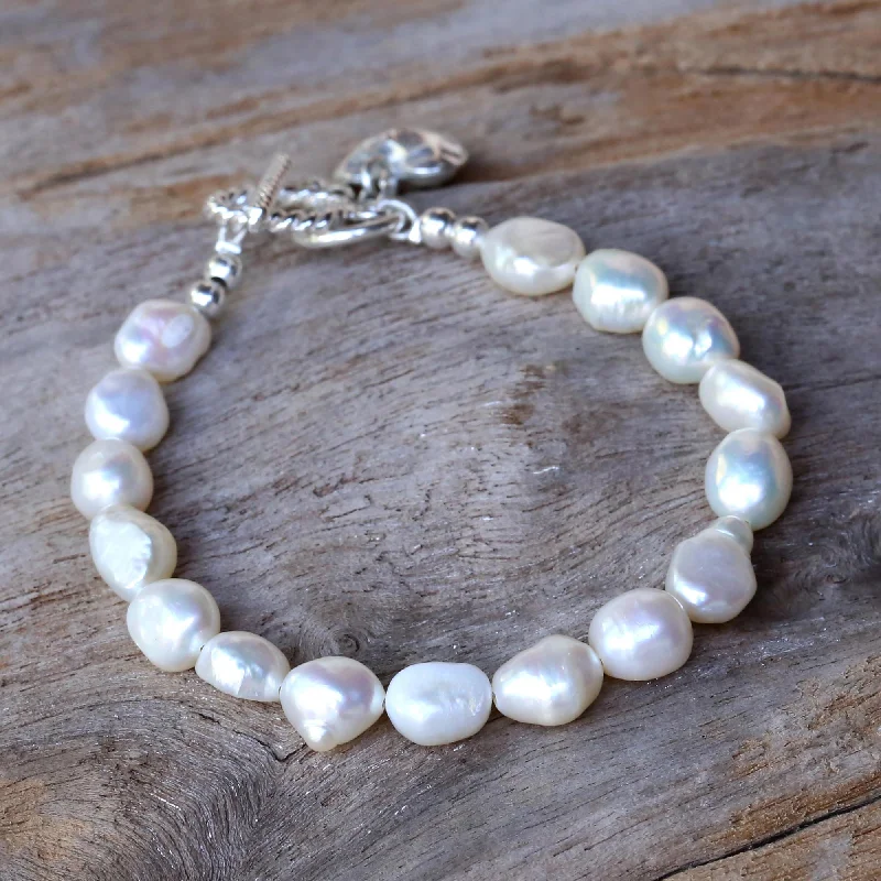 Custom engraved bracelets for gifts-Promising Love Cultured Pearl Beaded Heart Charm Bracelet from Thailand