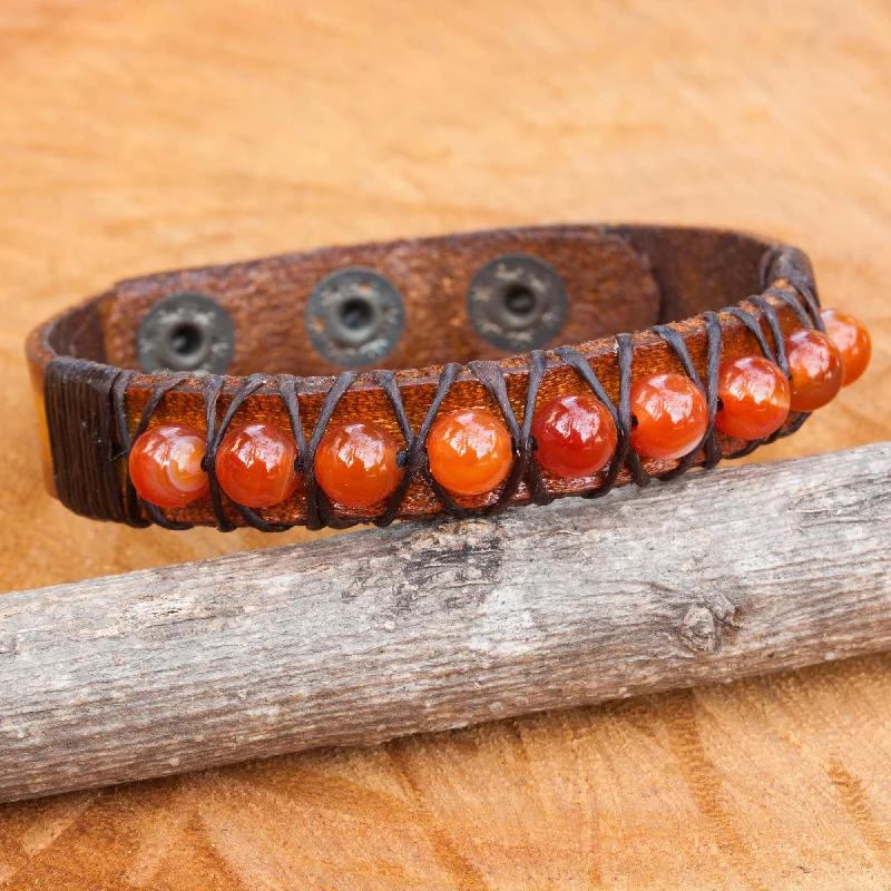 Adjustable beaded bracelets with stones-Rock Walk in Orange Hand Crafted Carnelian and Leather Band Bracelet