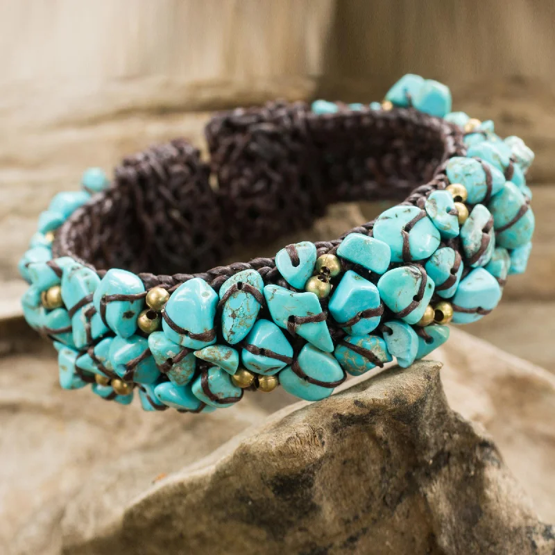 Custom silver bangles with engraving-Sky Blue Day Turquoise Color Bead Bracelet on Brown Crocheted Cords