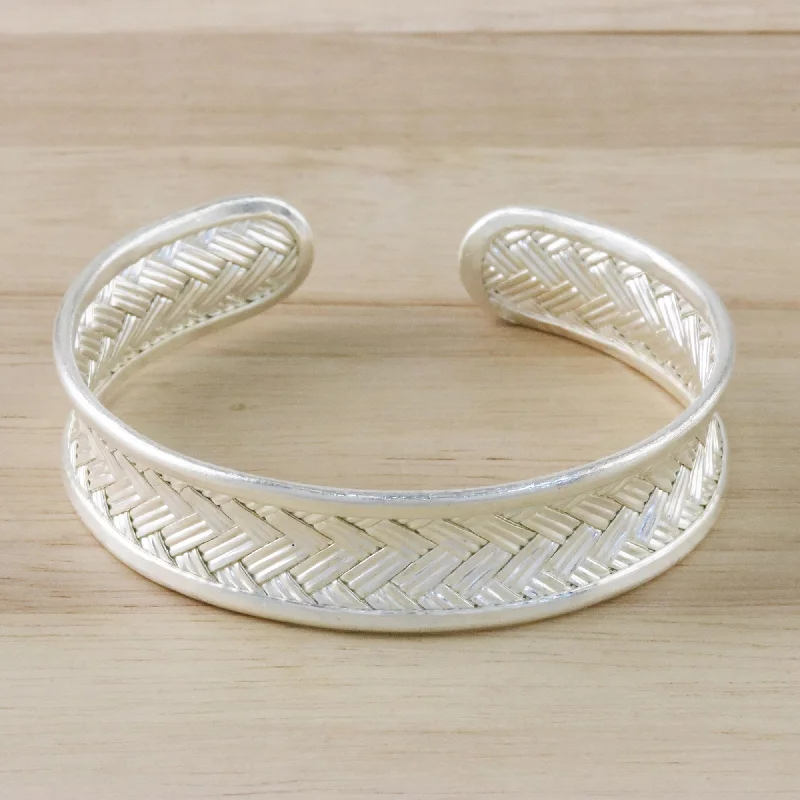 Minimalist leather bracelet designs-Slender Rattan Woven Silver Cuff