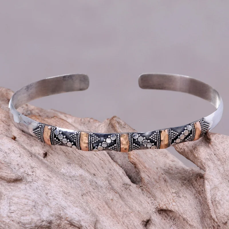 Unique bracelet sets for special occasions-Spots and Dots Balinese Gold Accent Slender Sterling Silver Cuff Bracelet