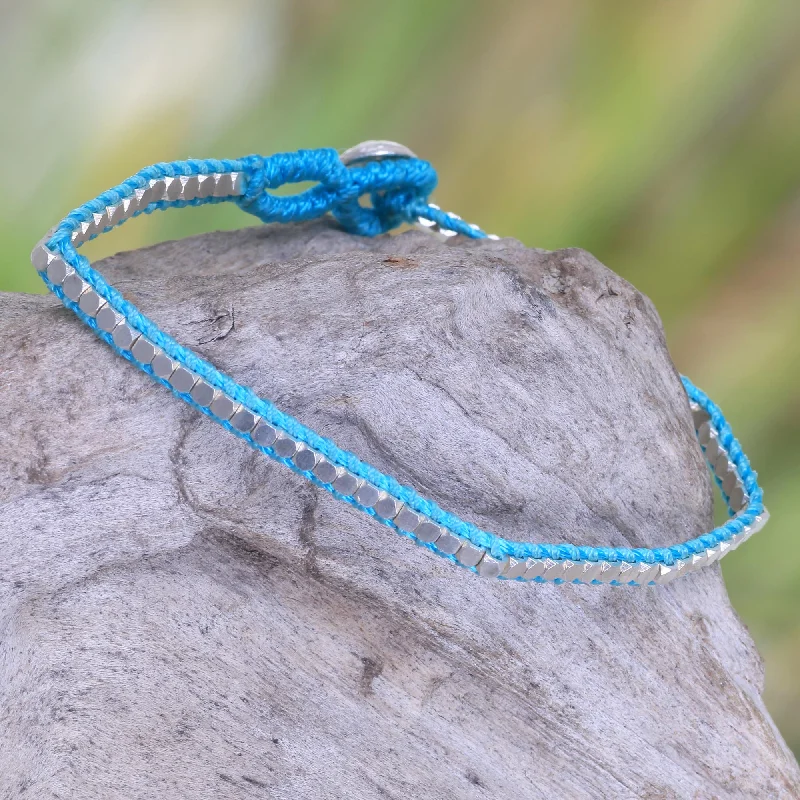 Stylish beaded wristbands for men-Turquoise Moonlight Path Beaded Hand Knotted Sterling Silver Bracelet in Turquoise