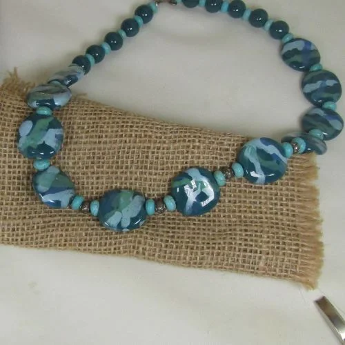 boho style pendant necklace-Teal and Aqua Fair Trade  Handmade Kazuri Bead Necklace