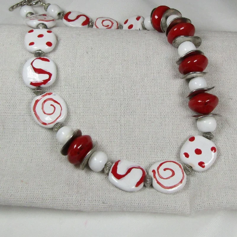 crystal gemstone necklace for healing-Kazuri Beaded Necklace in Red and White Fair Trade Beads