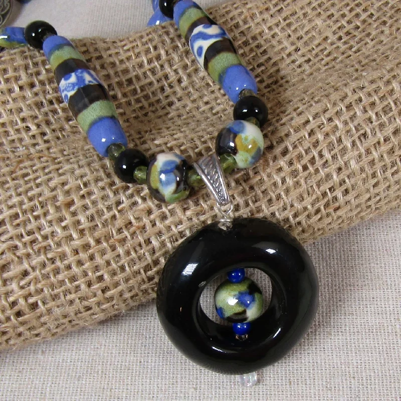 chakra gemstone necklace for healing-Green Blue and Black Fair Trade  Bead Necklace with Handmade Pendant