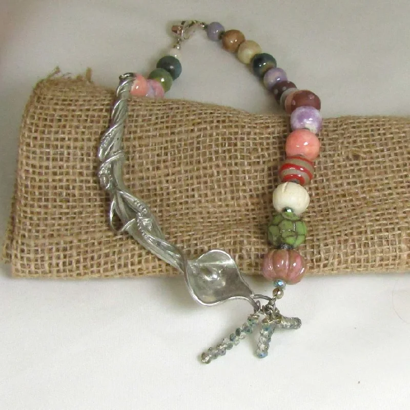 vintage-inspired necklace for women-Whimsical Lily Necklace in  Pink Handmade Ceramic Beads