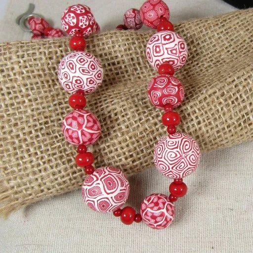 luxury diamond necklace for weddings-Red & White Handmade Fair Trade Bead Necklace