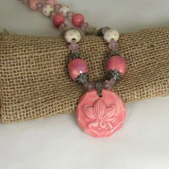 leather pendant necklace for women-Pink Lotus Blossom Handmade Necklace