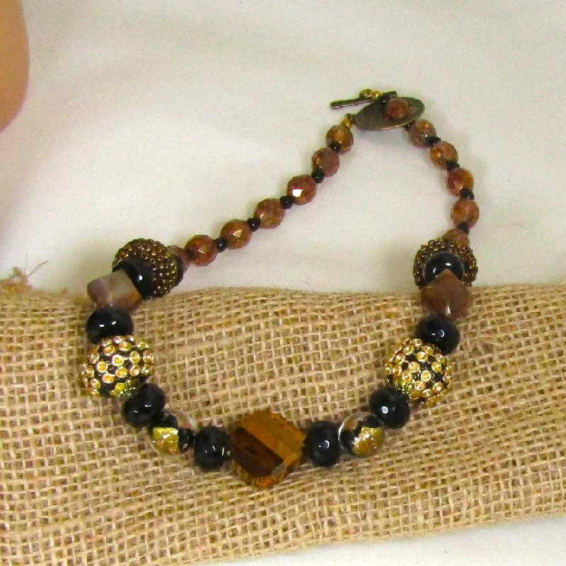 charm necklace with multiple pendants-Funky Fun  Bead Black and Gold Beaded Necklace