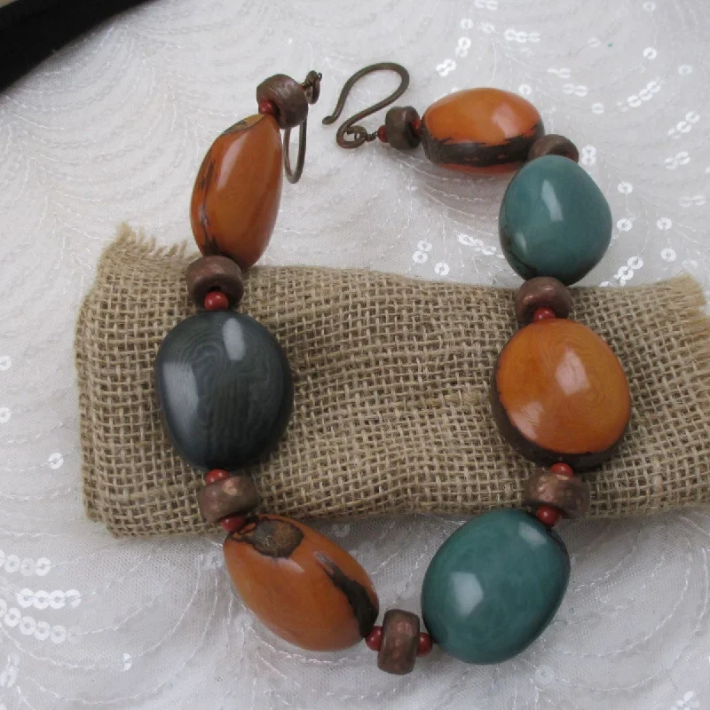 engraved bar necklace for gifts-Large Pumpkin and Turquoise Tagua Nut Bead  Statement Necklace