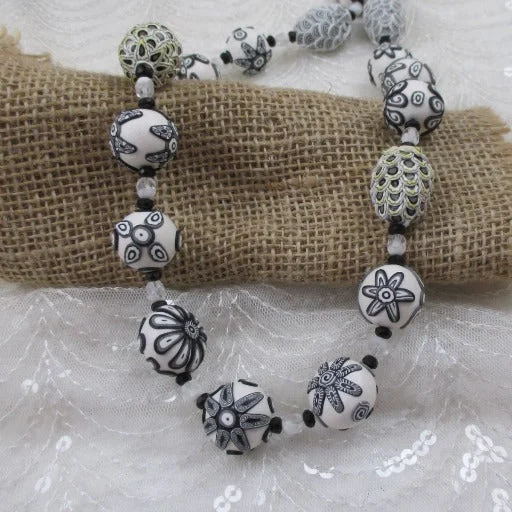 silver plated pendant necklace for men-Handmade White and Black Necklace  Fair Trade Beads