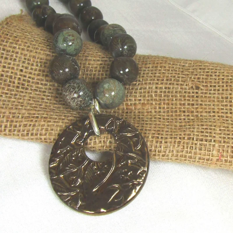 custom bar necklace for gifts-Big Dark Green Gemstone Beads & Handmade Fair Trade Pendant