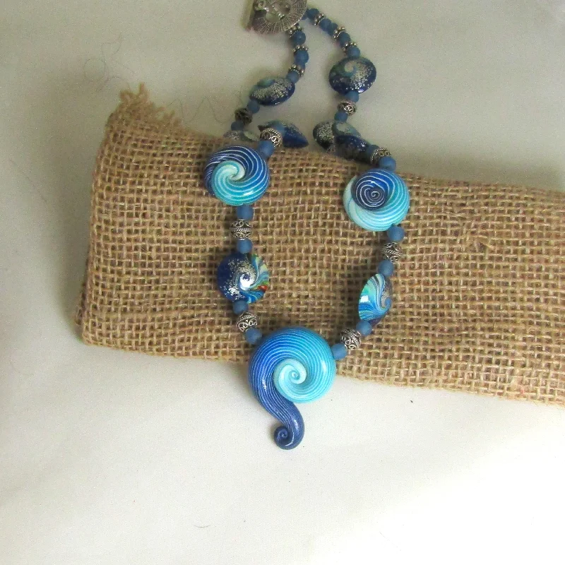 multi-strand necklace for women-Blue and Silver Artisan Bead Necklace Handmade Bead Necklace