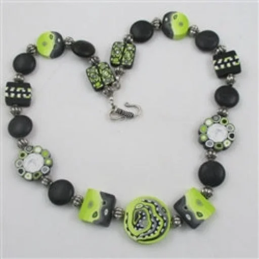 retro gold necklace for women-Cool Bead  Necklace in Lime and Black Polymer Clay Beads