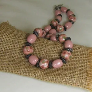 custom charm necklace for gifts-Pink Bead Necklace Handmade Kazuri Beads