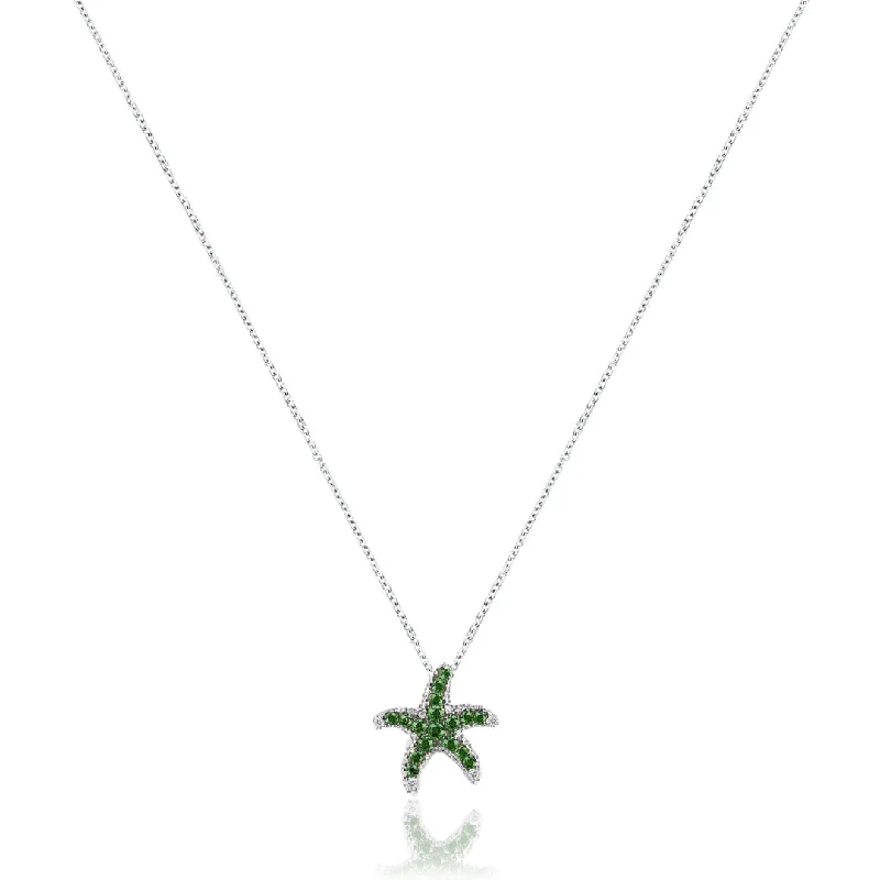 simple pendant necklace for men-14K White gold star fish necklace with diamonds and green tsavorite