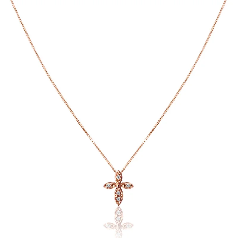 vintage beaded necklace for women-14K Rose gold cross diamond necklace