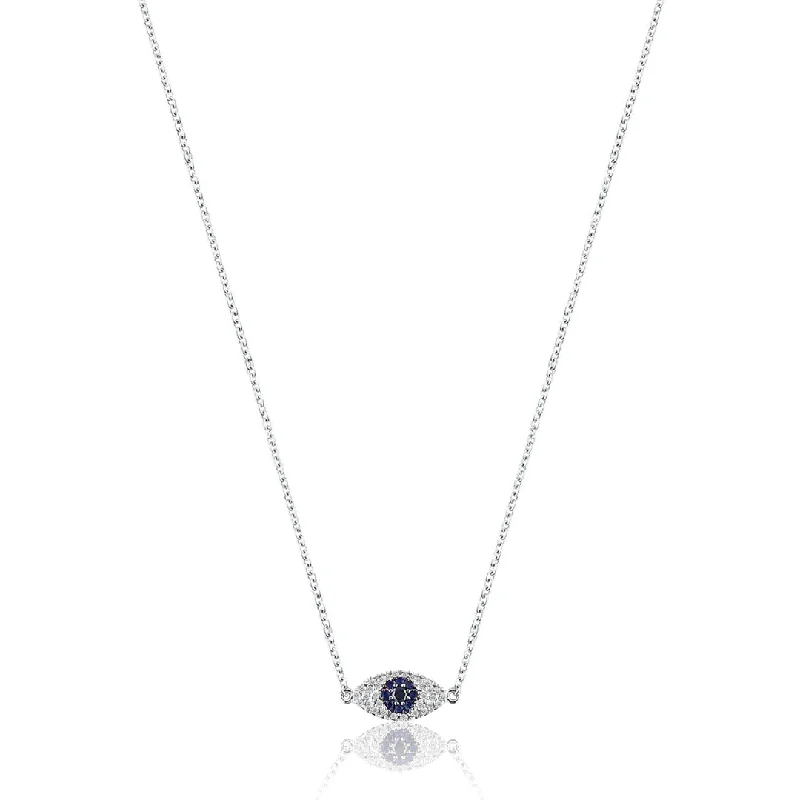 large statement necklace for women-14K White gold evil eye protector necklace with diamonds and blue sapphire