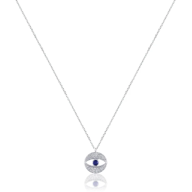 sterling silver bar necklace for women-14K White gold round evil eye protector necklace with diamonds and blue sapphire