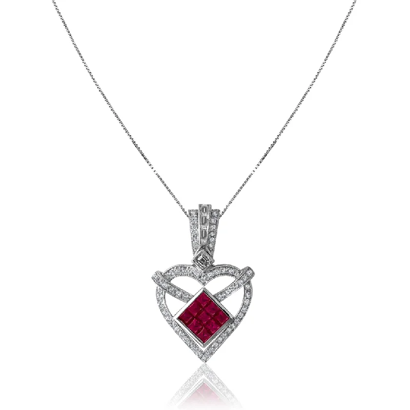 men’s name necklace for gifts-14K White gold heart necklace with diamonds and center ruby